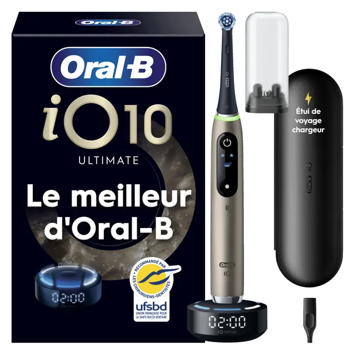 Oral-B iO 10 Brosse À Dents Électrique Lunar Gold, 1 Brossette Ultimate Clean, 1 Chargeur Magnétique Rapide avec Coach de Brossage iO Sense, 1 Étui de Voyage Chargeur, 1 porte-brossettes hygiénique
