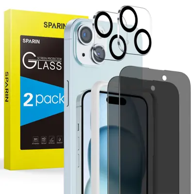 SPARIN 2 Pack Privacy Screen Protector for iPhone 15 Plus + 2 Pack Lens Protector with Installation Frame