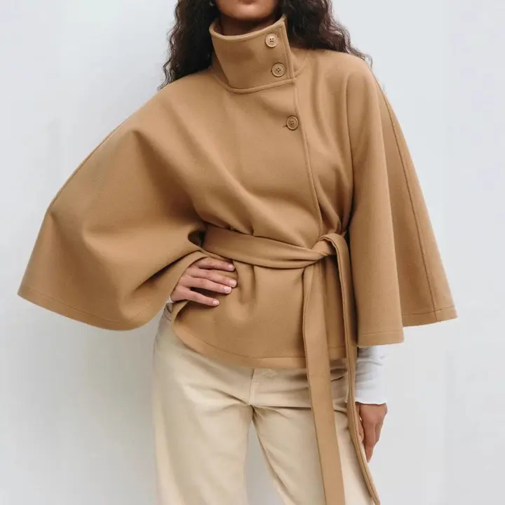 Mote Dame Snøring Ullkåper Løse Ståkrage Flaggermusermer Ermer Knapper Svarte Grå Jakker Høst Streetwear cm Svart