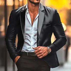 Men's Blazer Office Work Street Pocket Fashion Casual Spring Fall Polyester Faux Leather Plain Pocket Casual / Daily Single Breasted Blazer Black