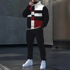 Men's Color Block 2pcs 3D Sweatshirt Sets Tracksuit Hoodie Sweatshirt Long Sleeve Long pants Hooded Sportswear Casual Daily Athleisure 3D Print Color Block Spr