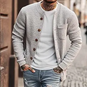Men's Sweater Cardigan Sweater Ribbed Knit Regular Tops Knitted Plain Round Neck Vacation Fashion Casual Daily Wear Clothing Apparel Fall Winter Gray S M L